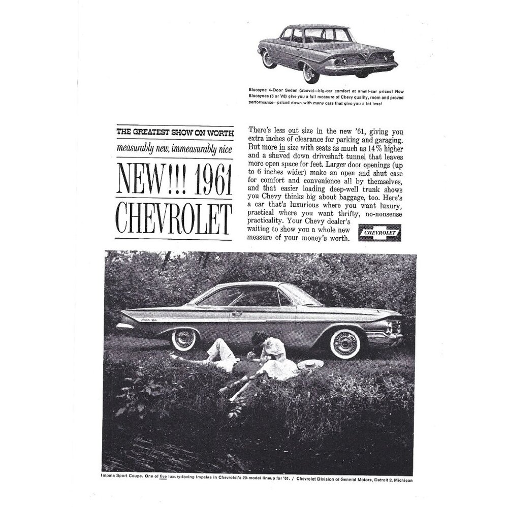 New 1961 Chevrolet Biscayne Or V8 Sedan Full Size Car Print Advertising
